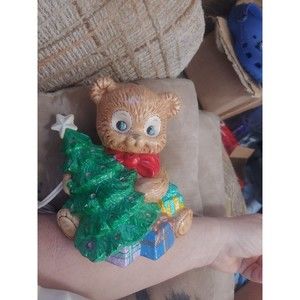 Vintage Christmas Ceramic Teddy Bear W/ Tree Light Up Table Top Decor night lamp